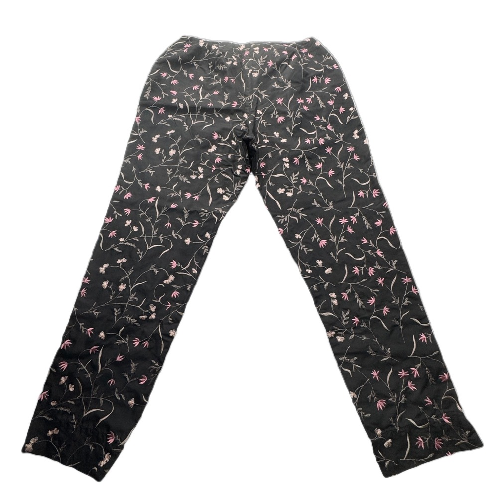 Burns Embroidered Black Silk Ankle Pants Womens 8 Pink Floral Botanical Luxury - Picture 11 of 12
